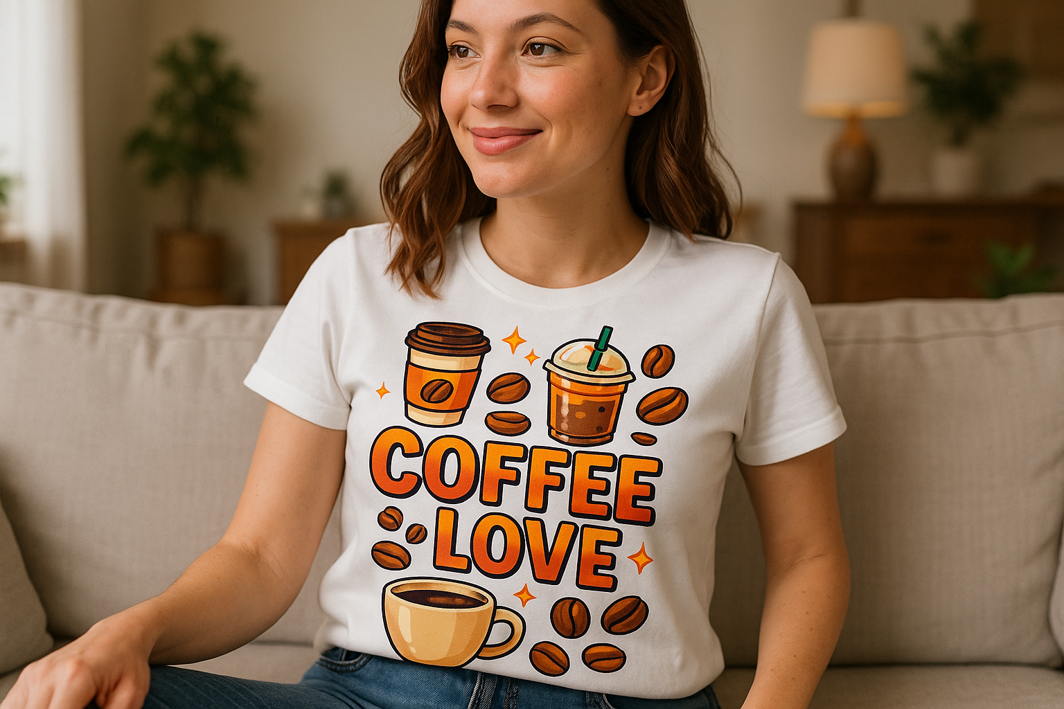 Coffee Love - DTF Transfer Ready To Press, a woman wearing a images of coffee and beverages in a tshirt and pose is sitting in a sofa 