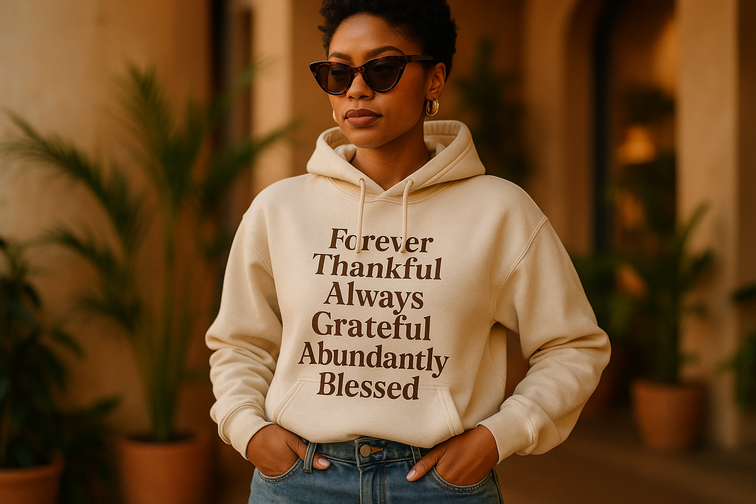 Forever Thankful Always Grateful Abundantly Blessed - DTF Transfer Ready To Press , a woman wear a hoodie with this quote with a stylish pose and good background