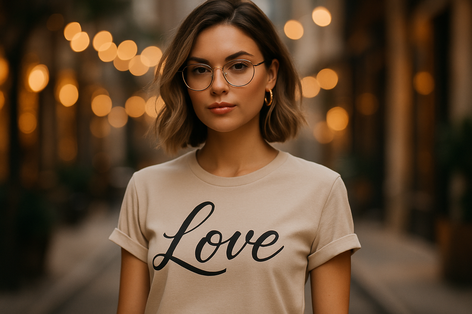 give a morden women wearing a tshrirt with a qoute of "Love " in stylish word with a good background 