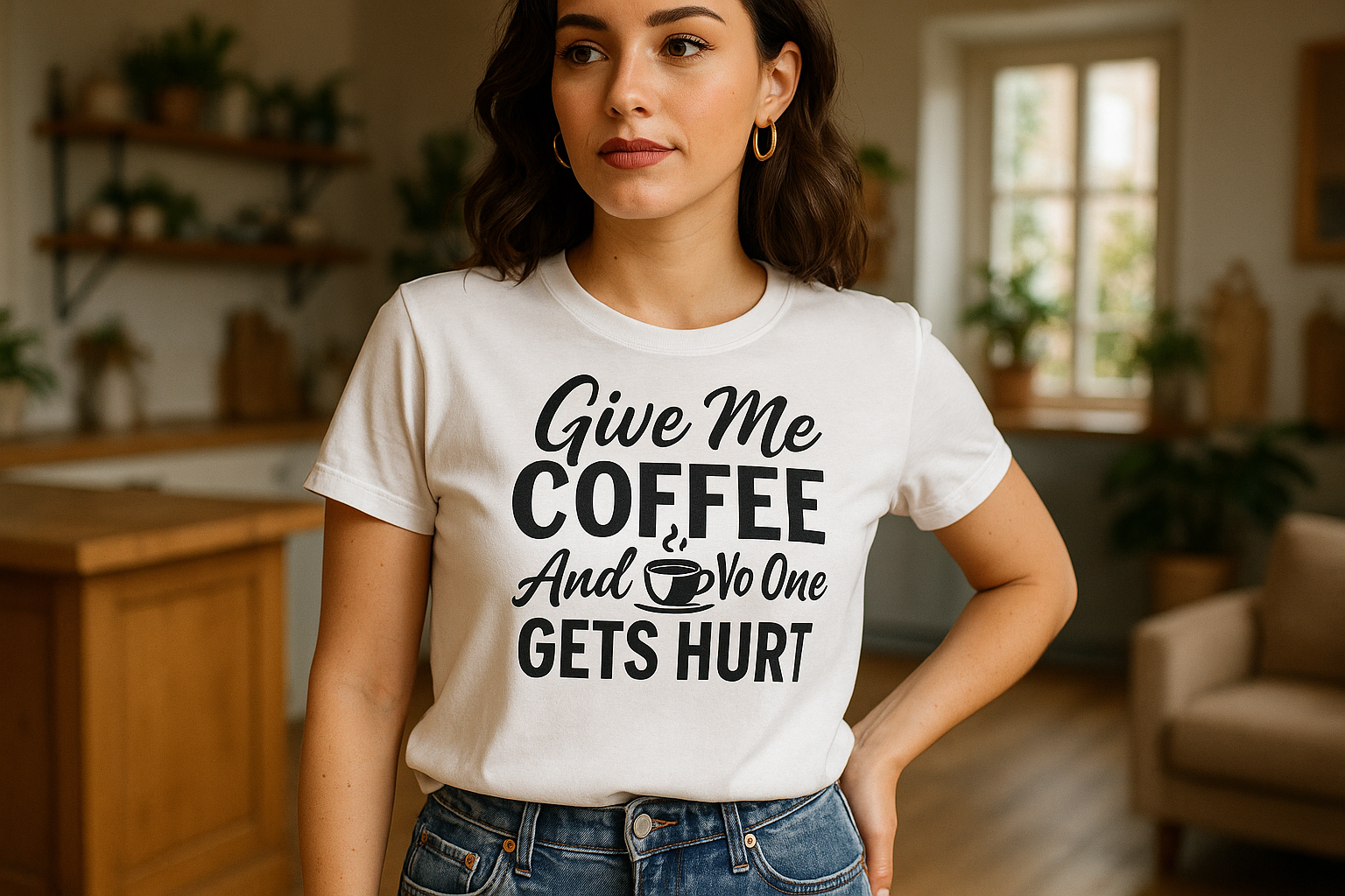 Give Me Coffee And No One Gets Hurt-DTF Transfer Ready To Press, a woman wearing this qouted t-shirt the qoute must be a stylish word and a good background in home 