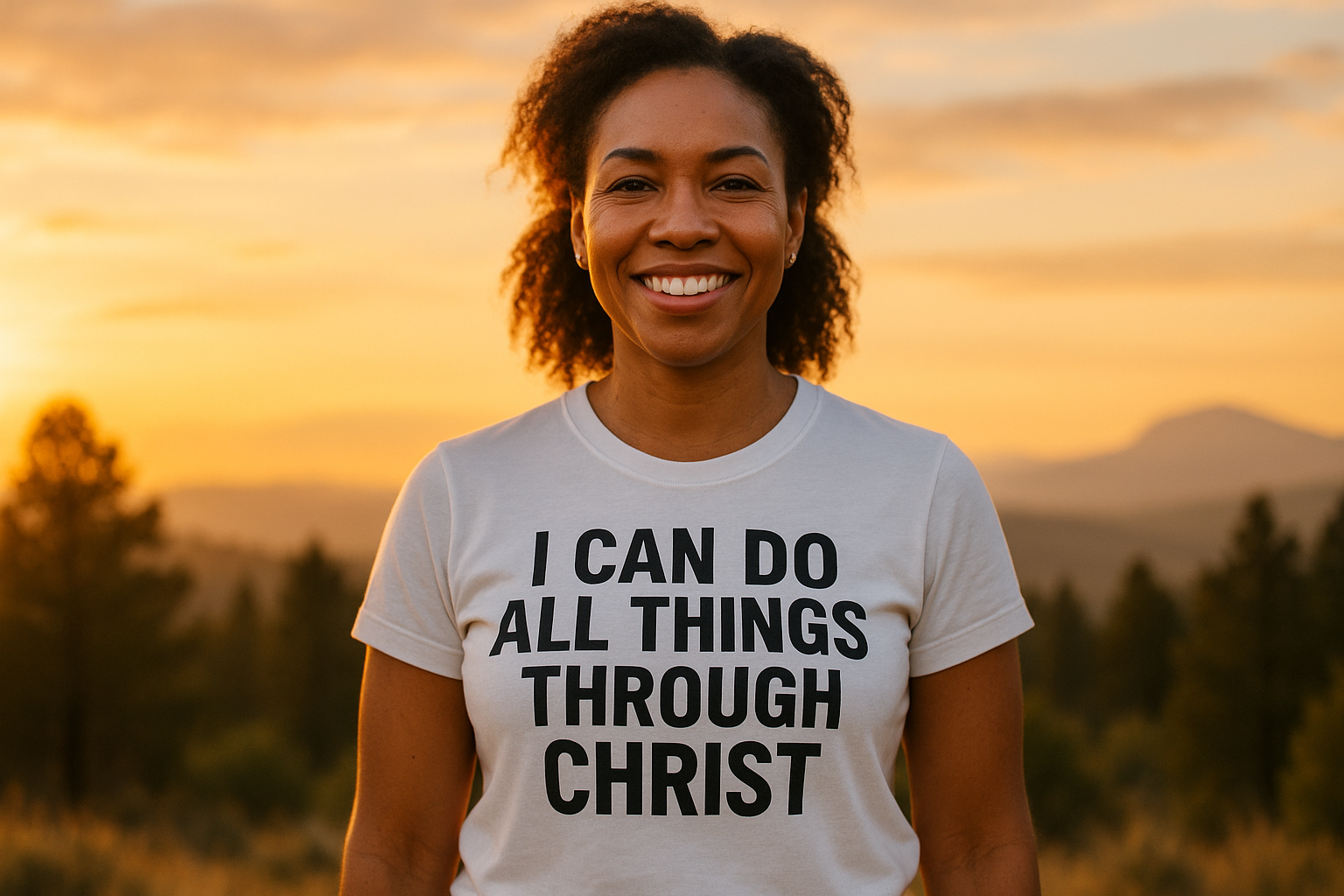 I Can Do All Things Through Christ - DTF Transfer Ready To Press , a woman wearing with this qoute t-shirt with showing face with some good background not a plain one 