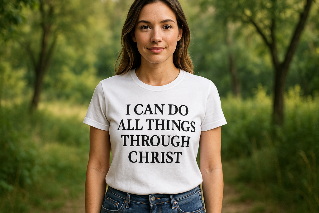 I Can Do All Things Through Christ - DTF Transfer Ready To Press , a women wearing this qouted t-shirt with a nature background