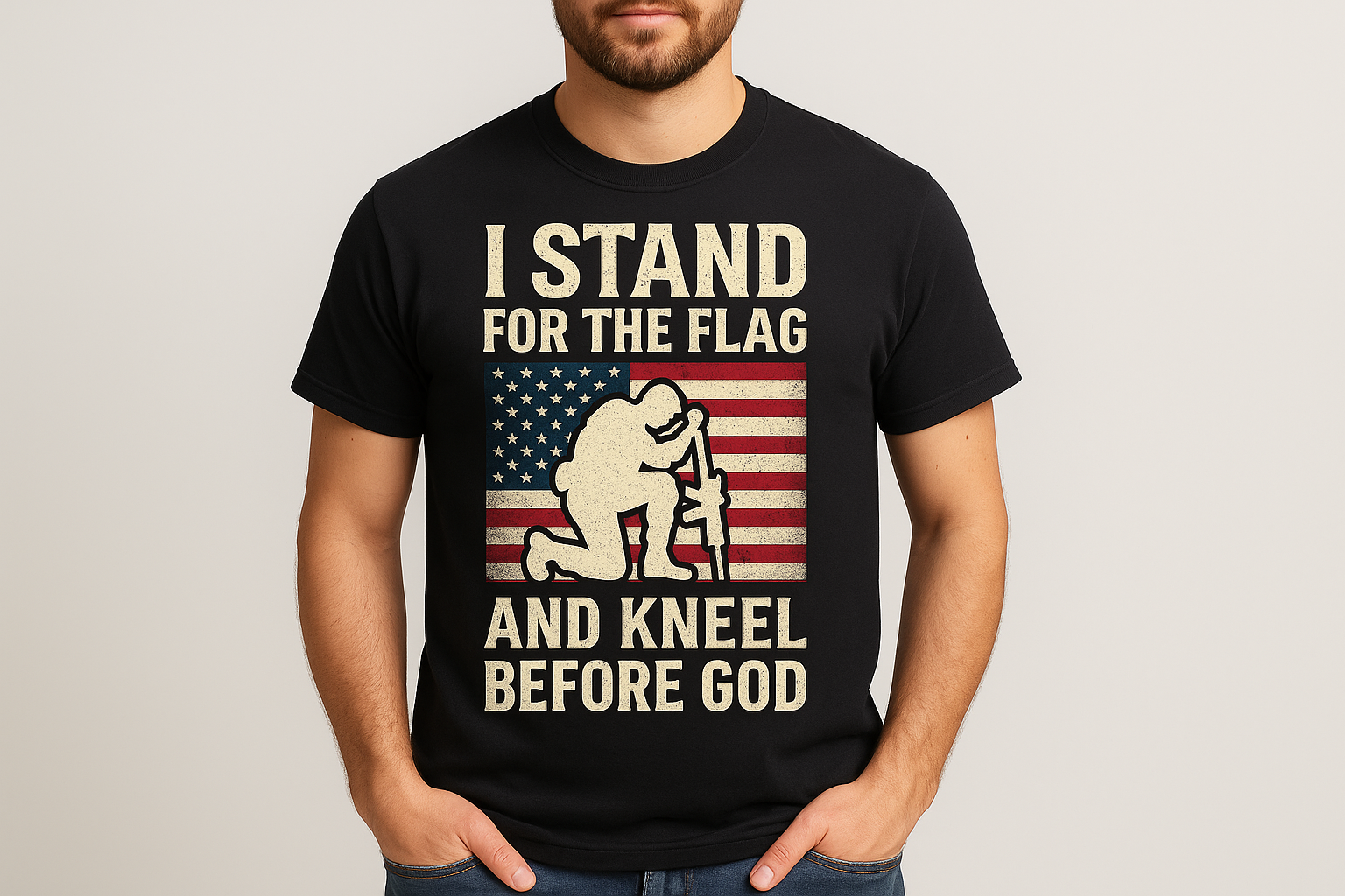 I Stand For The Flag And Kneel Before God Flag - DTF Transfer Ready To Press i need man wearing a tshirt image of this qoute 