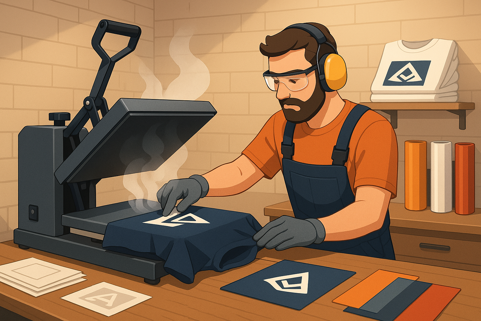 Iron-On or Heatpress image , the image must have a animated man working in that machine must look professional 