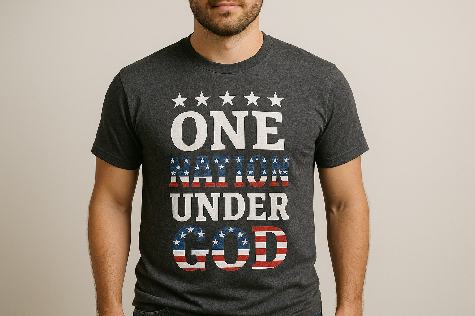 "One Nation Under God" - DTF Transfer Ready To Press, i need a tshirt image with this qoute like a man wearing it 