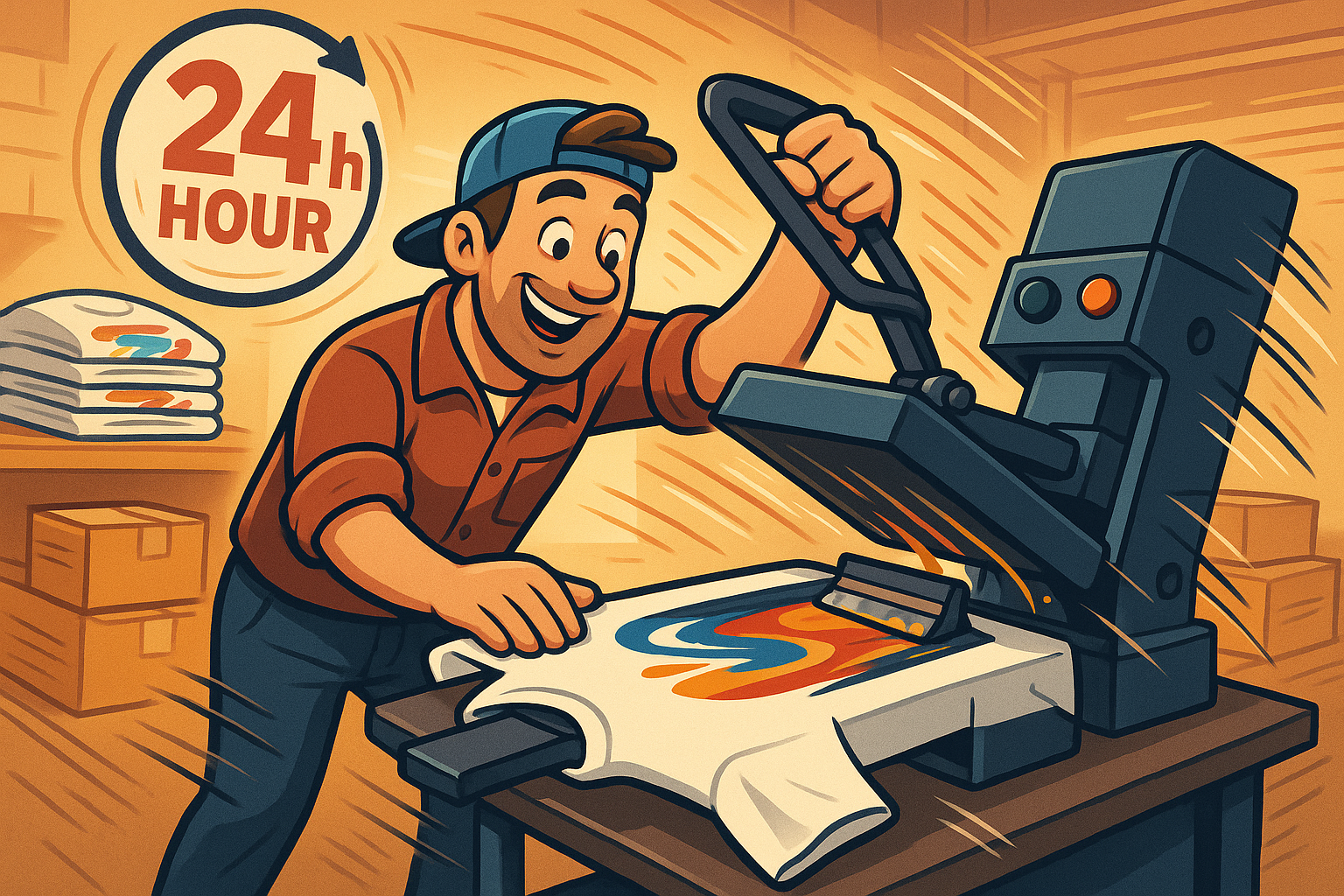 Printed & Shipped in 24 Hours image , the image must be a animated man printing a image on tshirt using the printing machine 